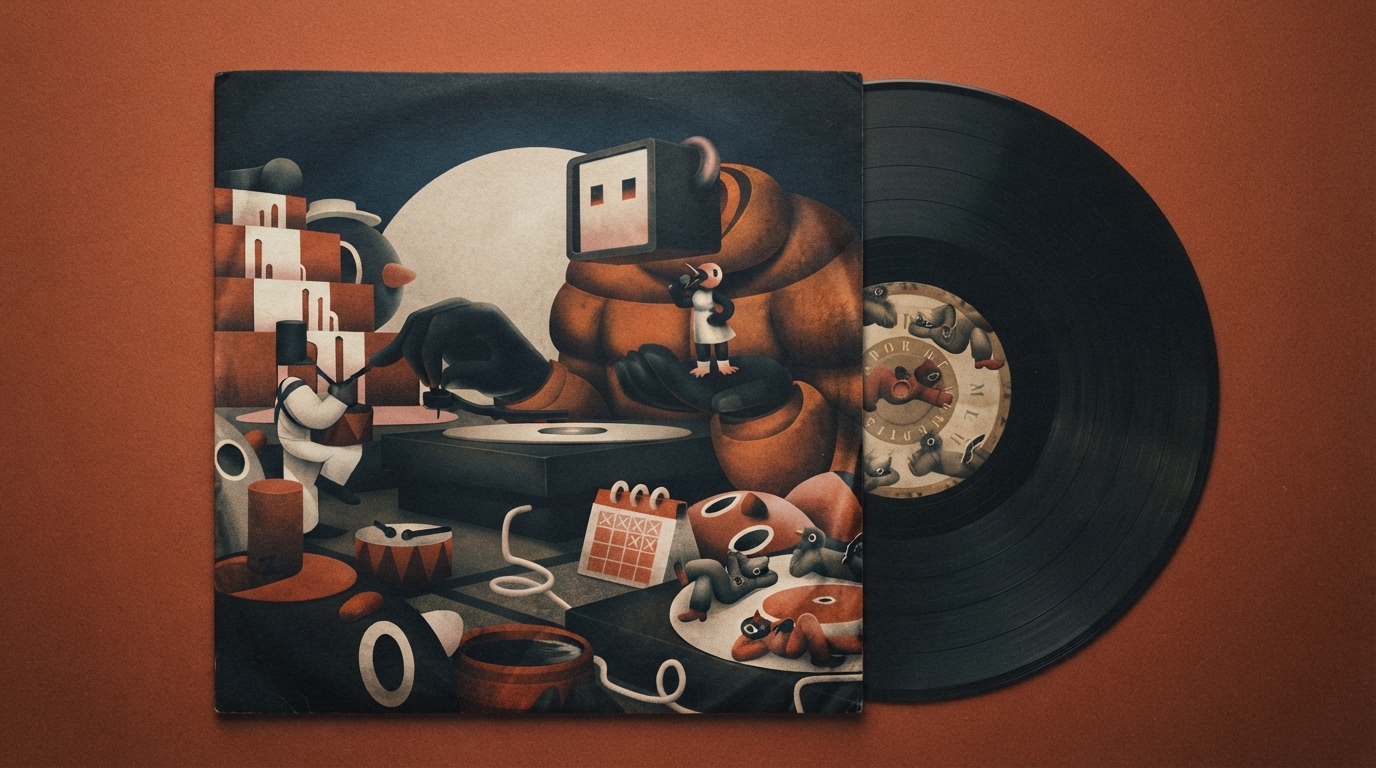 Editorial illustration for From Brown Paper to the Tiny Square: How Music's Format Rewrote Album Art